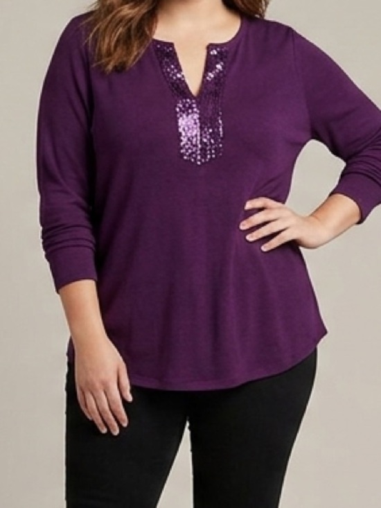 Lane Bryant Tops - Lane Bryant Purple Long Sleeve Sequin V-Neck Blouse Top